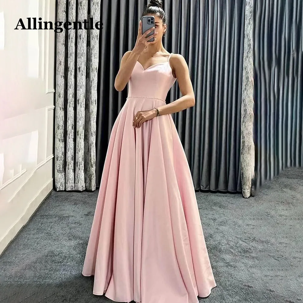 Allingentle Light Pink Spaghetti-Straps Evening Formal Dresses Sweetheart A-Line Elegant Prom Dress With Beads Belt Floor Length