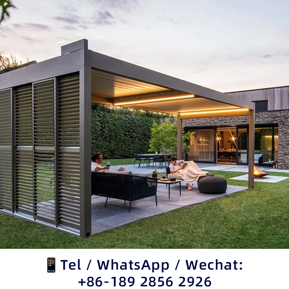 Bioclimatic Aluminum  Pergola Automatic flip louvered   with retractable folding sliding aluminum shutter in garden LED gazebo