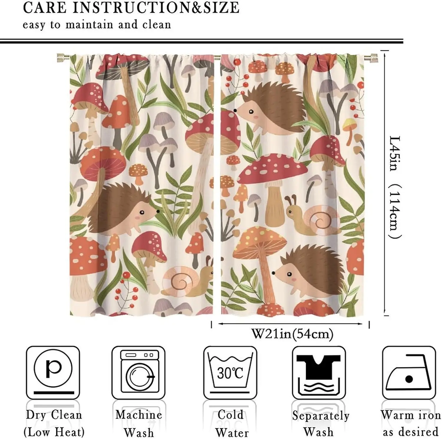 Cute Hedgehog Snail Mushroom Curtain Cream Red Spotted Mushroom Leaf Animal Print Light Filter Drape For Farm Bedroom Kitchen