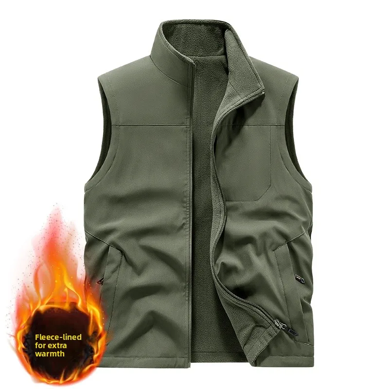 

Мужской утепленный жилет с флисовой подкладкой, однотонный, с воротником-стойкой, с множеством карманов, ветрозащитный, водонепроницаемый, для активного отдыха, осень-зима, новинка