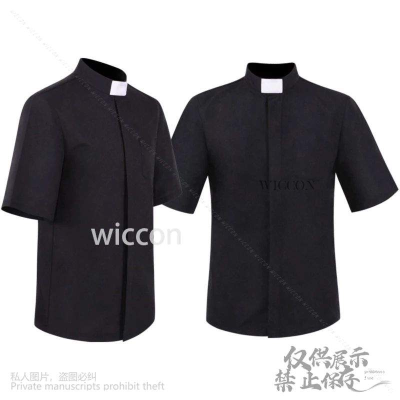 Anime Halloween noir prêtre chemise personnalisé hommes Cosplay église catholique missionnaire à manches courtes haut jeu de rôle Polo romain