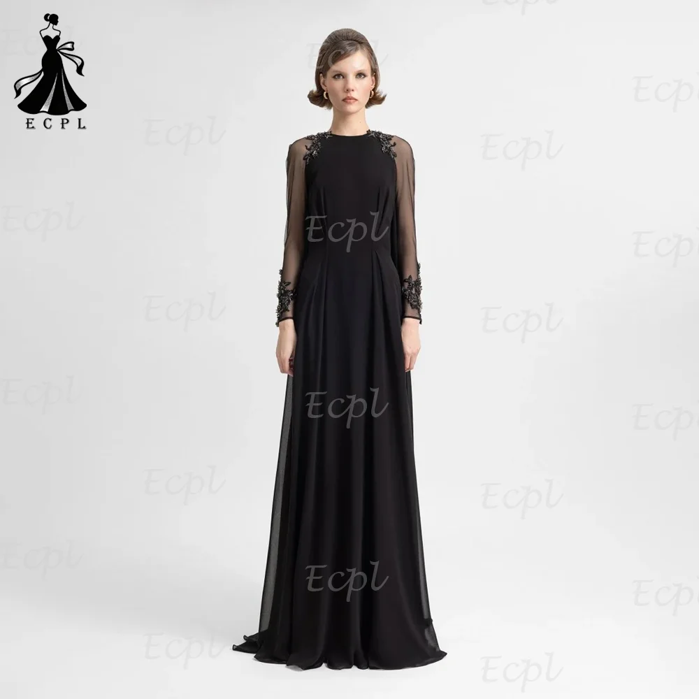 

Ecpl Black Evening Gowns Long Sheer Sleeves Beaded Shoulder Formal Prom Dresses Elegant O Neck Chiffon robes de soirée 2026 New