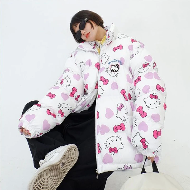 Fun Cartoon Hello Kitty Stand-Up Collar Cotton Coat Sanrioed Christmas Winter Style Girl Loose Kawaii Thickened Warm Jacket