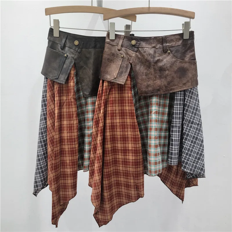 

2025 Early Autumn Korean Style Y2k Ins Retro Design Asymmetrical Plaid Midi Skirt High Waist Slimming Women