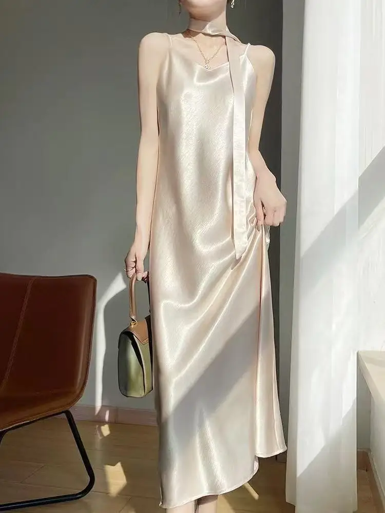 Robe française élégante en Satin pour femmes, ample, avec ruban, mi-longue, mode féminine, esthétique, robe de soirée, été