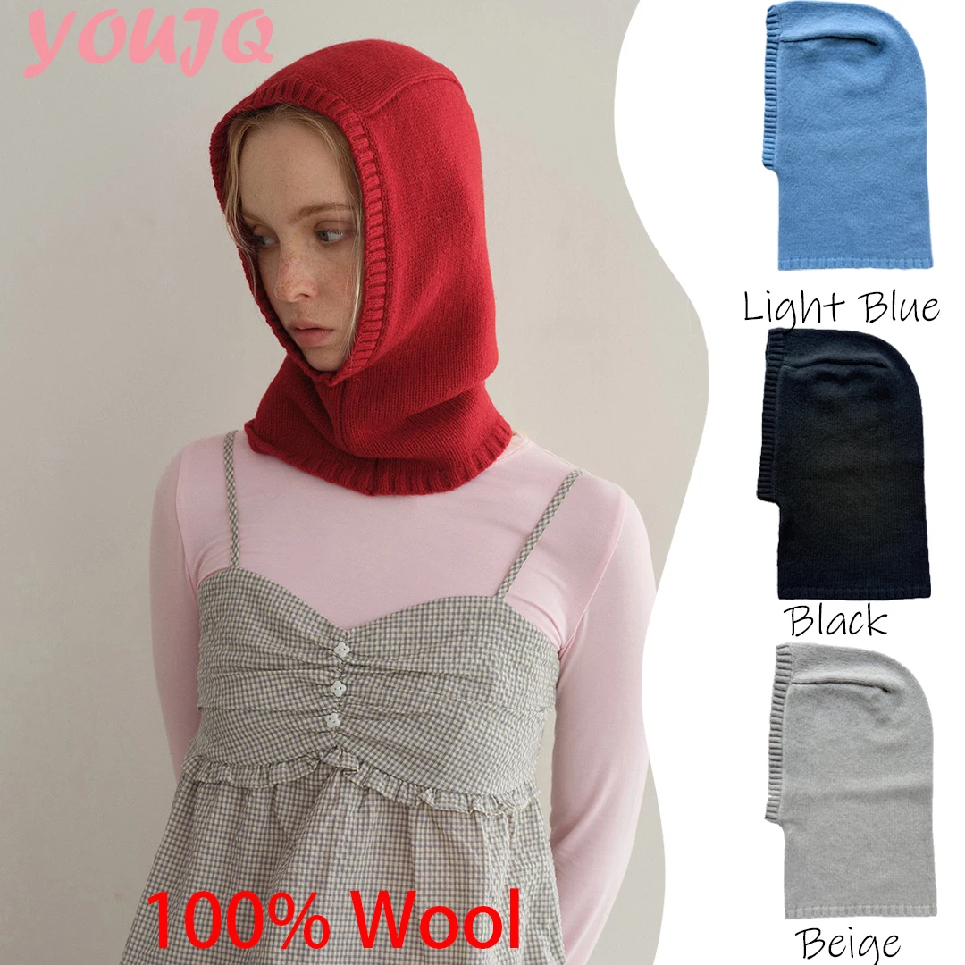 Y2K Homemade Winter 100 Per Cent Wool Knitted Balaclava Beanies Hats for Women Ear Protection Scarf Scarf Skiing Cycling Caps