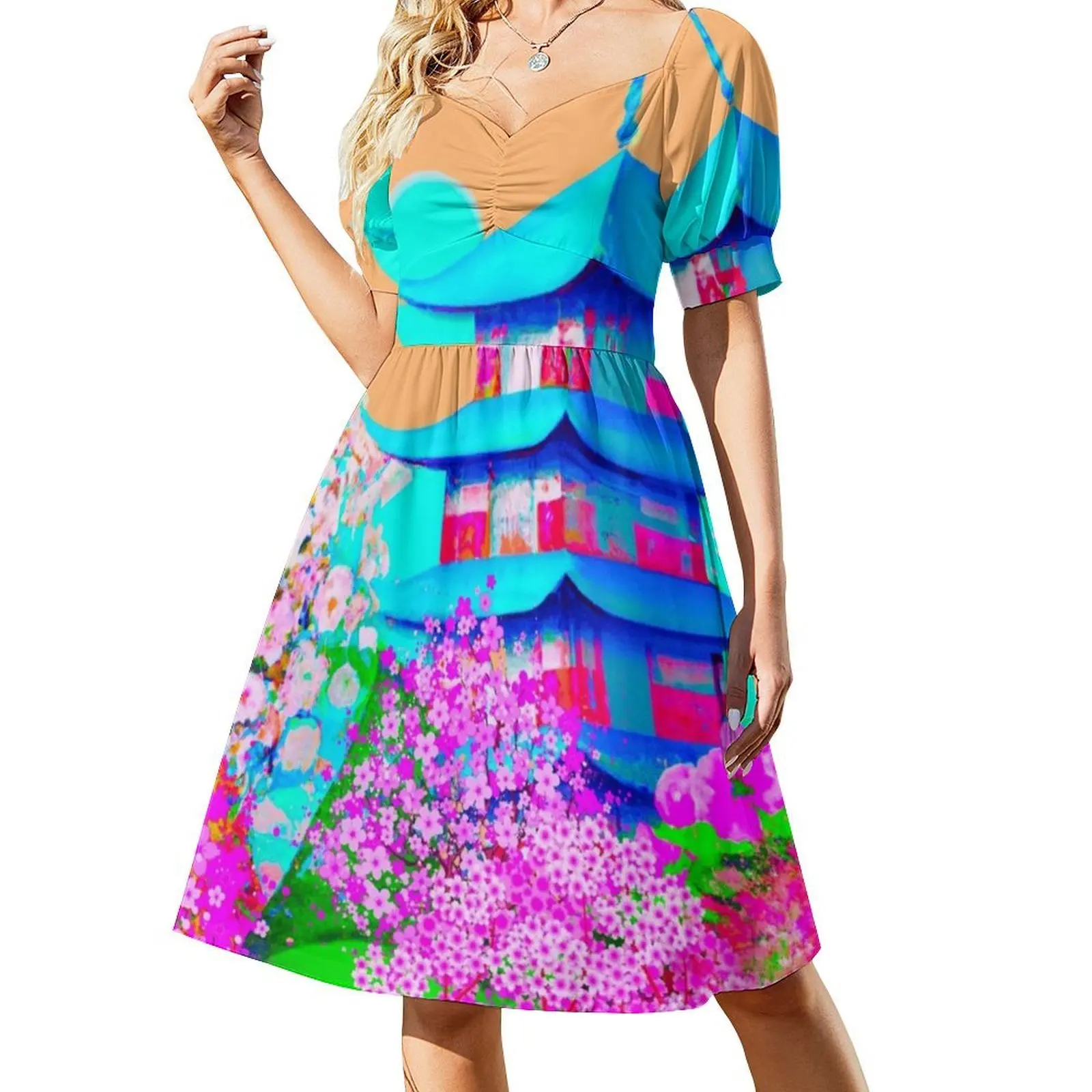 القلعة اليابانية في ربيع زهر ساكورا زهور المرأة فستان الحفلات الأنيق فستان على شكل حرف a مع قصير/طويل/أكمام