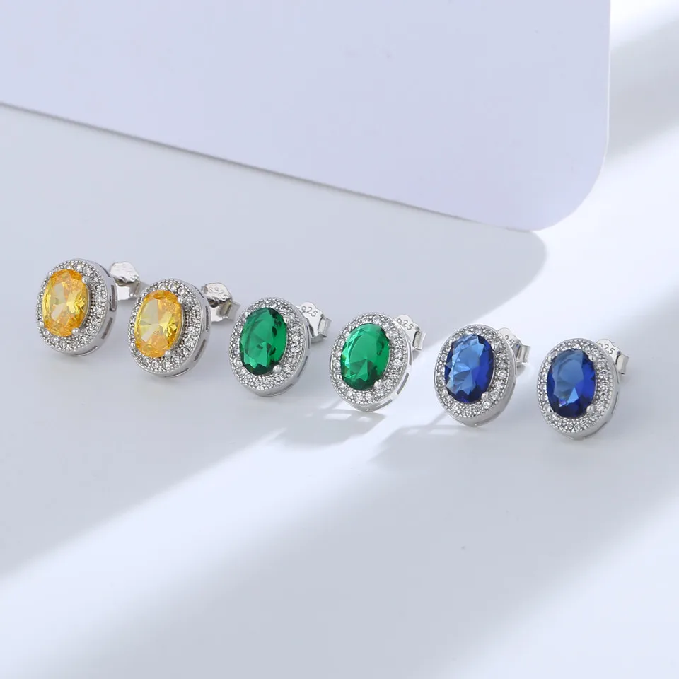 Buyee 925 Sterling Silver Female Stud Earring Oval Blue Crystal Stone Earring for Women Luxury Wedding Fine Jewelry Earring