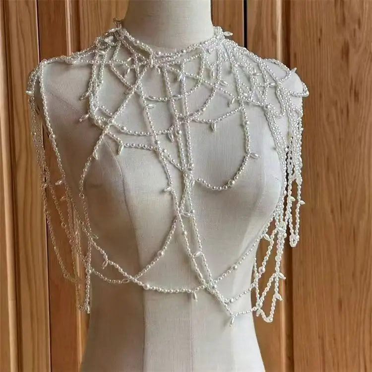 Geometric Hallow Out Woven Plastic Pearls Bra Chain Shawl for Women Elegant Bride Dress Body Chain Jewelry Pearl Cape Decoration