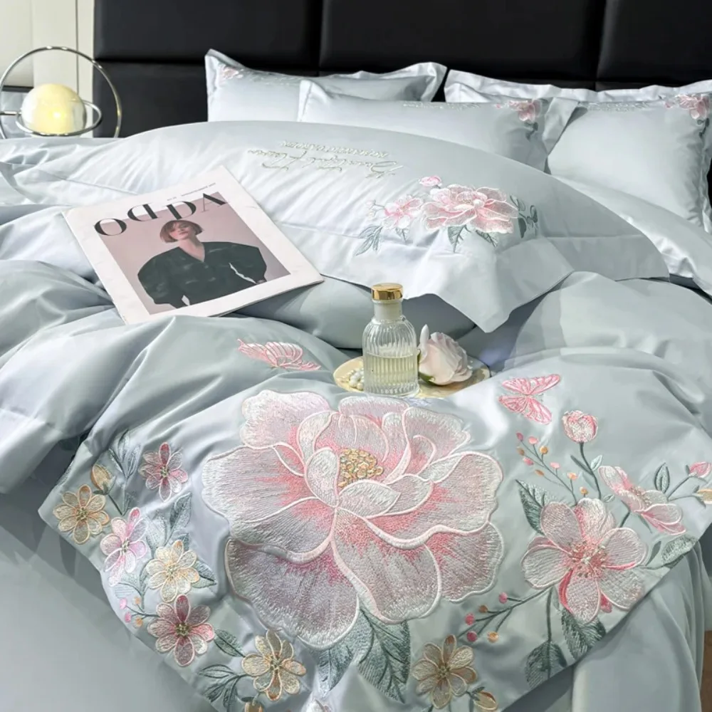 4pcs Light Luxury Style 100% Cotton 120 Count Long Styl Cotton Embroidered Bedding Duvet Cover 200x230 220x240 Four Seasons