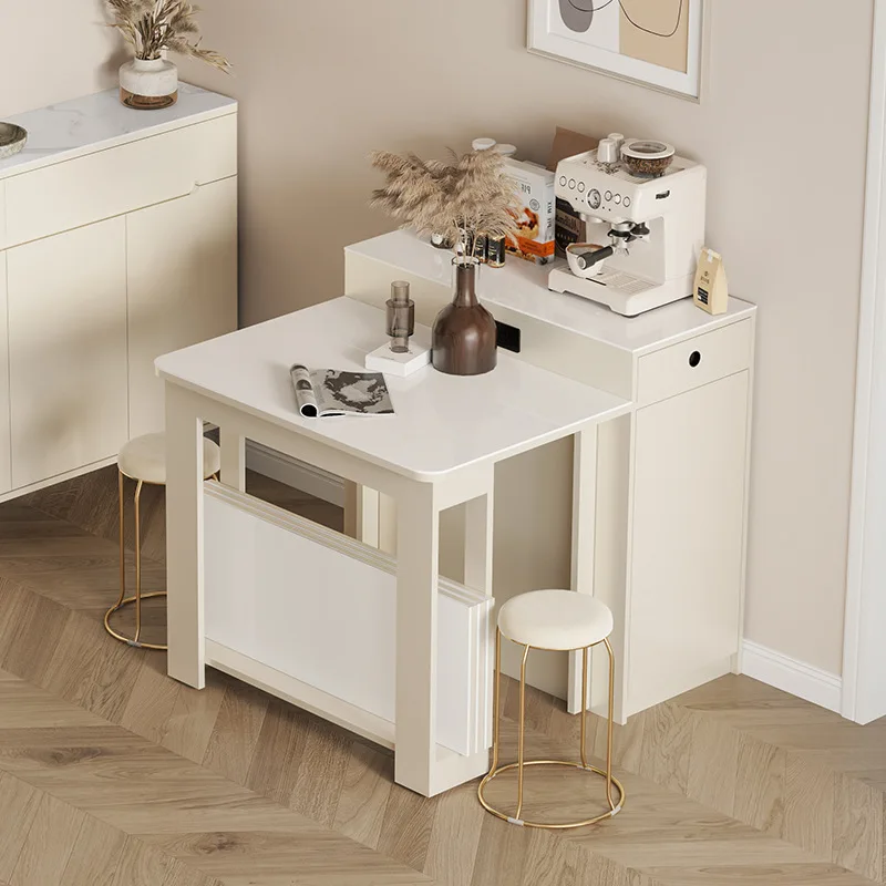 

Folding retractable dining table Small apartment household rock slab dining chairs Cream style Modern simplicity