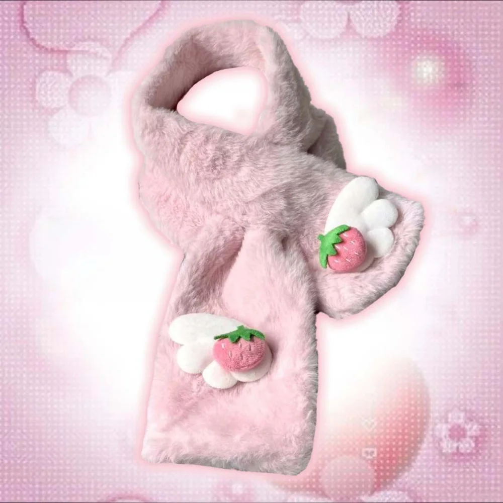 Y2K Strawberry Wing Plush Cross Scarf Sweet Kawaii Faux Fur Neck Warmer Soft Fluffy Neckerchief Winter Daily Outfit Accessory