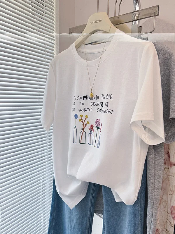

plus Size Women's T-Shirt Embroidered Short Sleeve Straight Cut Slimming Letter Floral Summer Thin Cotton Top Casual Wear