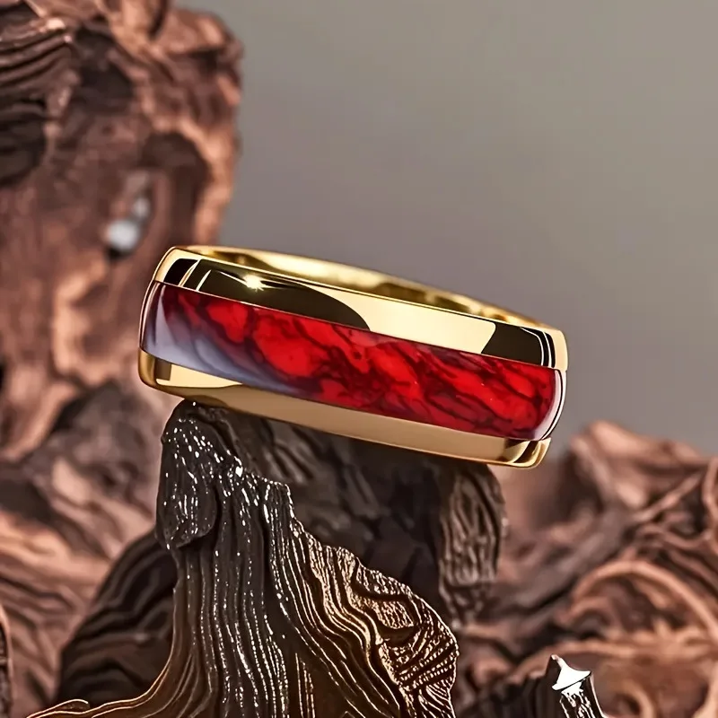 2025 New 8mm Men's Ring with Red Vein Pattern in 18K Gold Plated Stainless Steel - Image 3