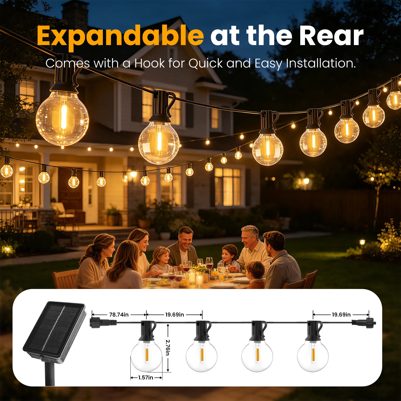 14M/7M Solar Led String Light G40 Bulbs Outdoor with Remote Warm IP65 Waterproof 8 Mode Hanging Lights Street Garden Party Decor