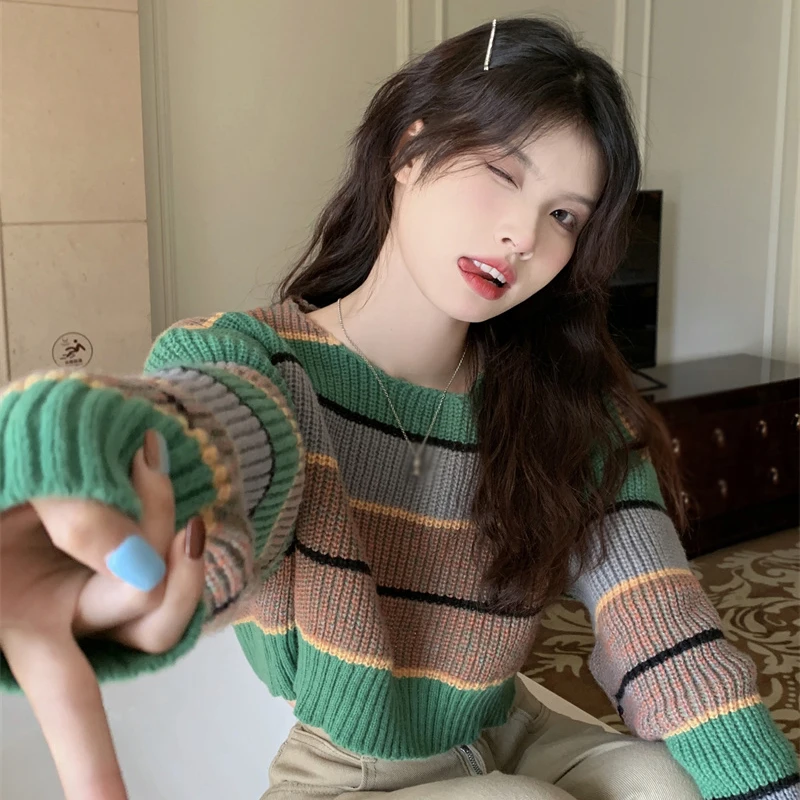 Girls Pullover Round Neck Long Sleeved Knitwear Stripes Women's Sweaters Striped Color Blocking Top