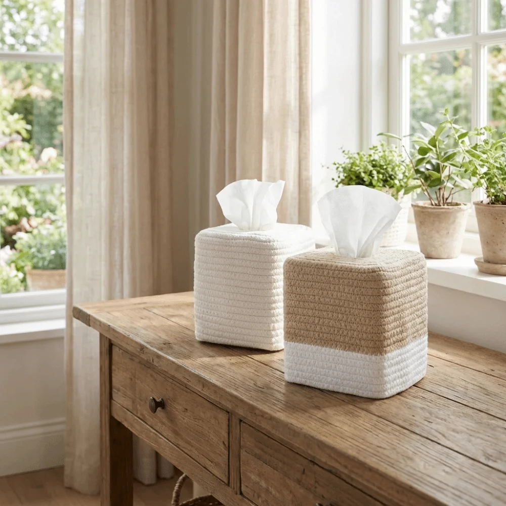 Storage Rack Rustic Woven Tissue Box Hand-woven Square Napkin Storage Box Cotton Thread Decorative Toilet Paper Box Home Decor