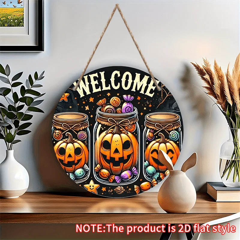 2D Flat Wooden Print [1pc] Vintage Halloween Welcome Sign - Rustic Farmhouse Door Hanging Decor with Pumpkin Lantern, Mason Jar