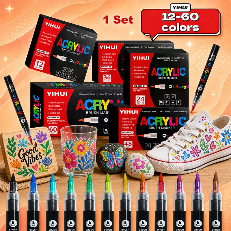 Marqueurs de peinture acrylique 12-60 couleurs, stylos à encre fluide pour roche, bois, verre, céramique, toile, fournitures d'art DIY