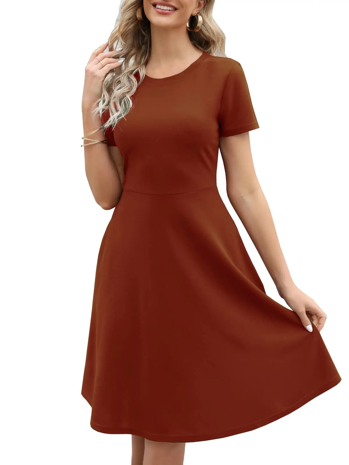 

Womens Knee Length A-Line Swing Dress Casual Office Party Solid Color Short Sleeve O-Neck