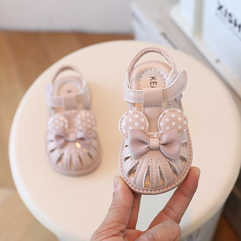 Zapatos para bebé niña, sandalias con lunares y lazo, zapatos de princesa para primeros pasos de fondo suave de verano