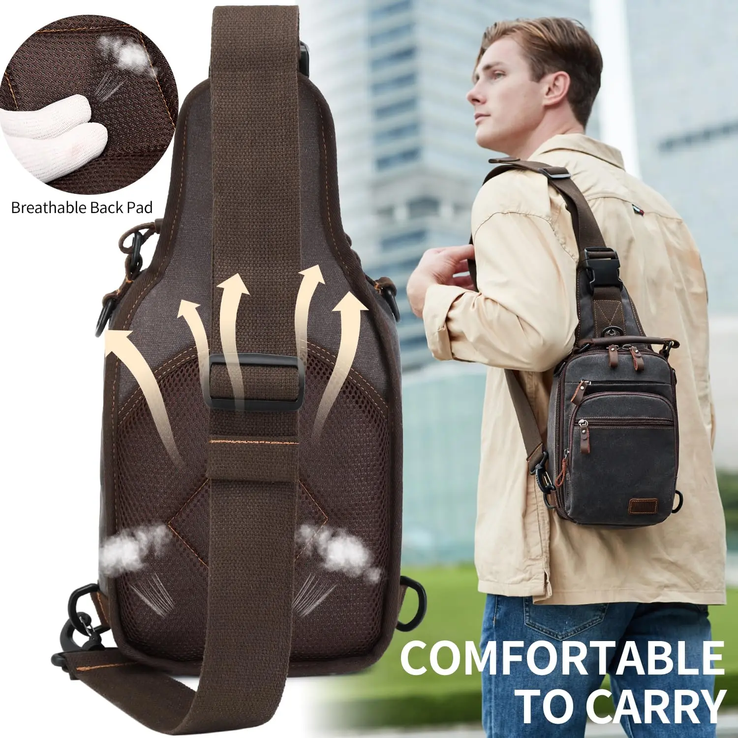 Bolsa crossbody de lona encerada masculina, mochila com estilingue no peito, bolsa de ombro resistente à água, mochila casual