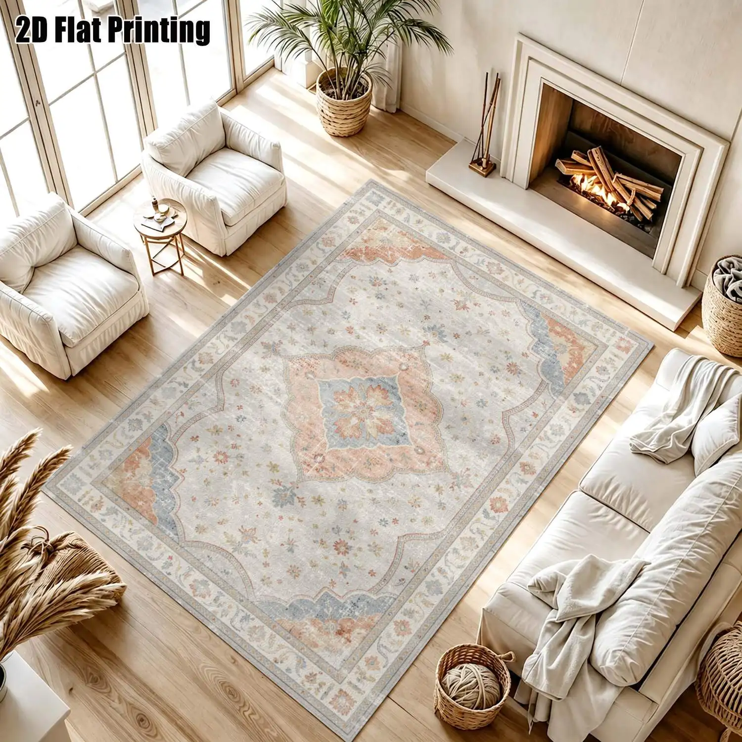 1Pc 2D Printed Retro Blue Pink Floral European Modern Minimalist Geometric Carpet, Home Decor, Multi-Size, Machine Washable, for Entrance, Dining Room, Foyer, Bedroom, Living Room
