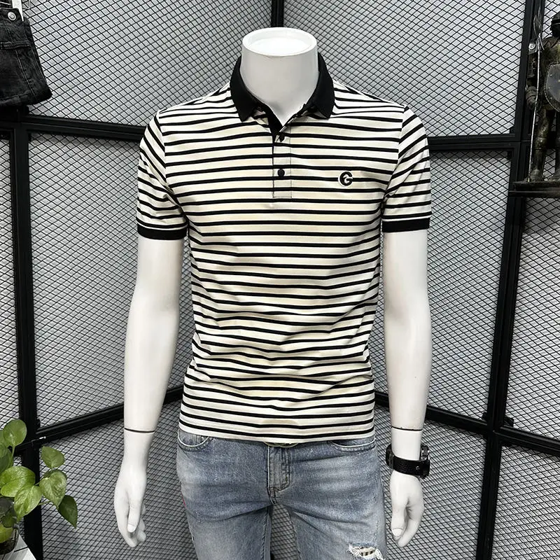 Men's Striped Casual POLO Shirt Short-sleeved T-shirt In Summer Solid New Round Neck High-end Trendy Brand Versatile Body Shirts