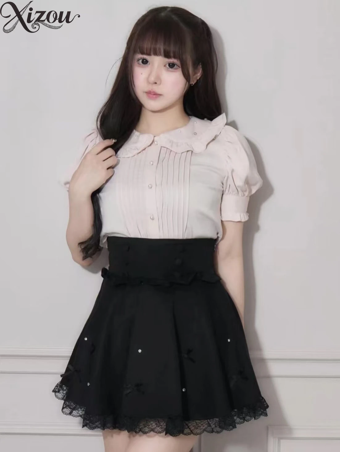 

2025 Japanese Lolita Women Skirt Sweet Summer Pleated Ruffle JK A-line Bow Button Solid Color Black Gray Kawaii Lace(No Label)