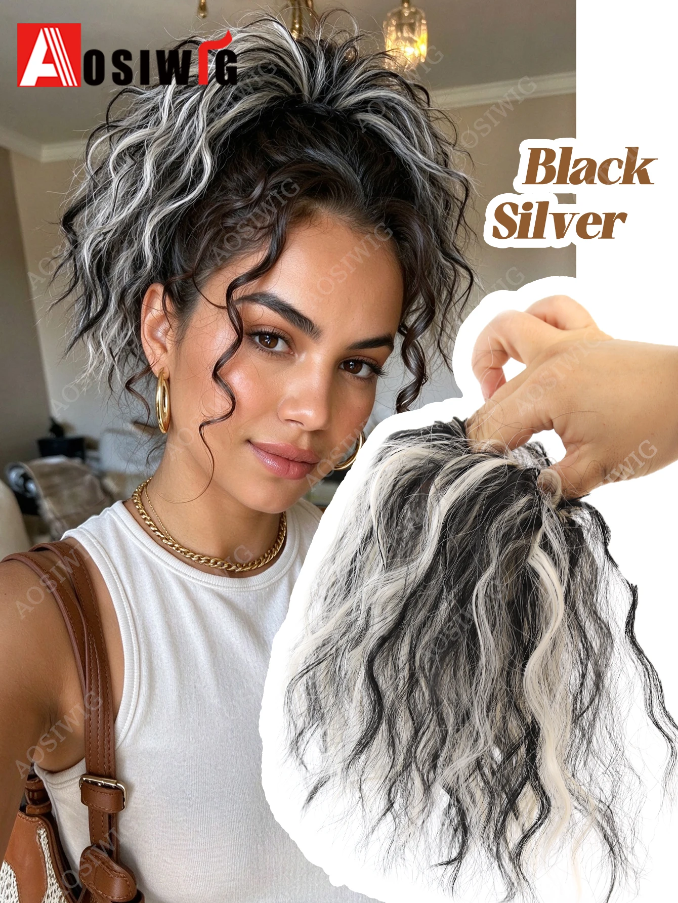 AOSI Synthetic Messy Curly Bun Salt And Pepper Black White Mixed Elastic Rubber Band Hair Piece 14Inch For Women Daily Party