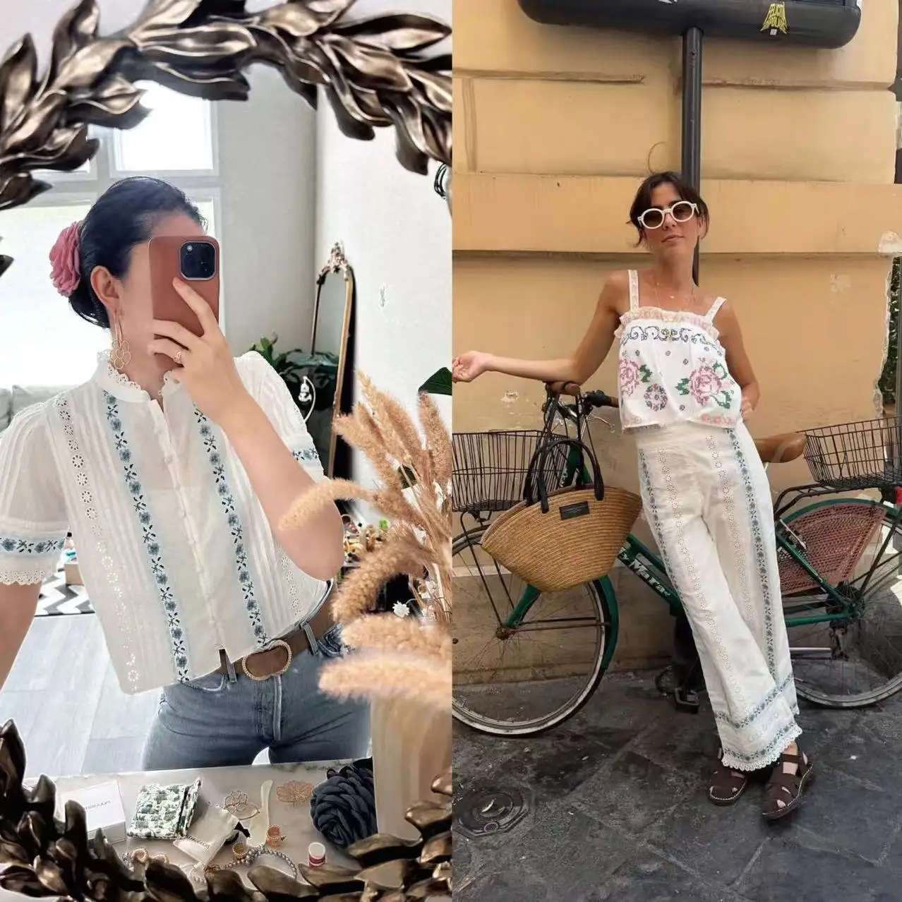 

Summer New Floral Embroidery Lace Splicing Short Sleeve Shirt Straight Hem Long Pants French Style Cotton Blend Fashion Set