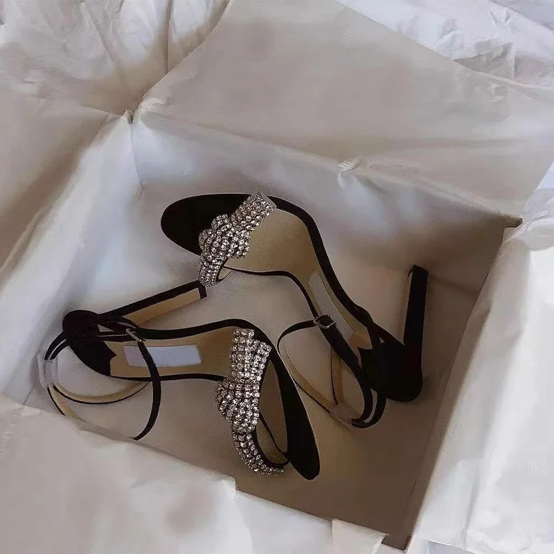 

2025 Spring New Women Black High Heels Round Toe Thin Heel Rhinestone Decoration Elegant Sexy Classic Design Office Lady Sandals