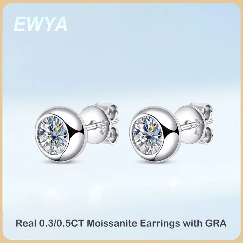 EWYA Real 0.3/0.5 Carat Round Moissanite Diamond Stud Earrings for Women S925 Sterling Silver Earring Wedding Party Fine Jewelry