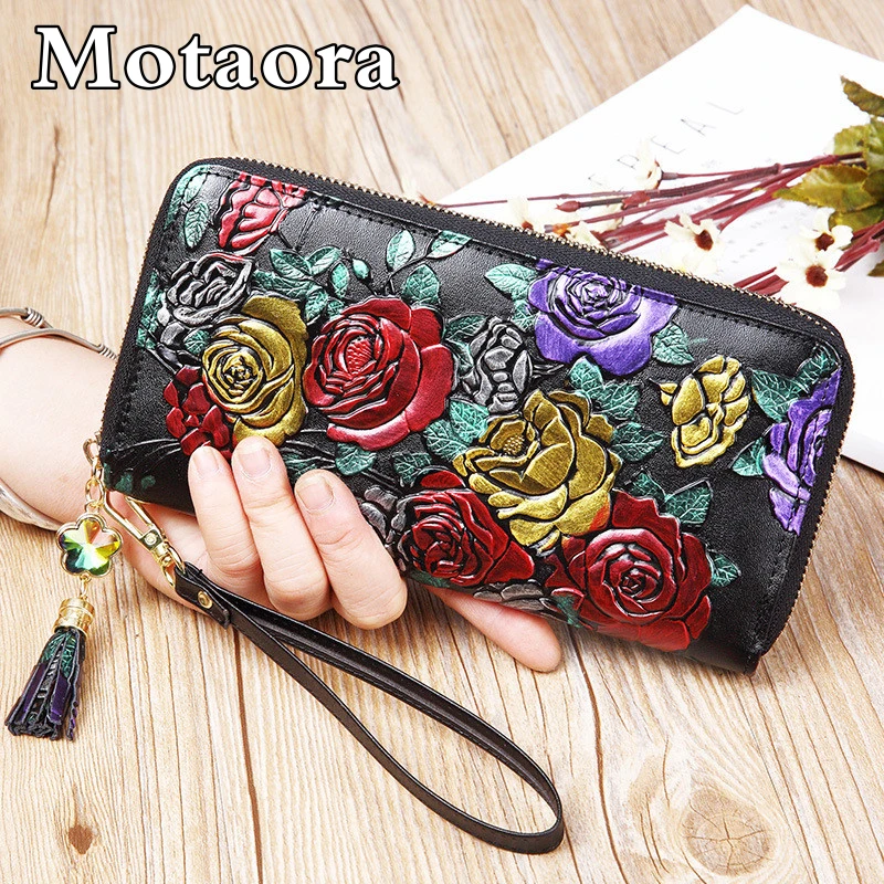 MOTAORA Retro Genuine Leather Women Wallet Large Capacity Ladies Card Holder Purse Floral Leather Wallets Long Female Coin Purse