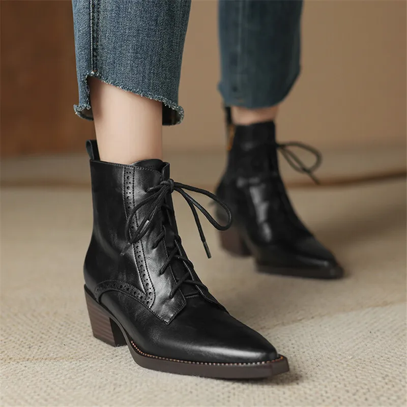 2023 Autumn Split Leather Women Boots Pointed Toe Chunky Heel Boots for Women Fashion Ankle Boots Winter Boots Zapatos De Mujer