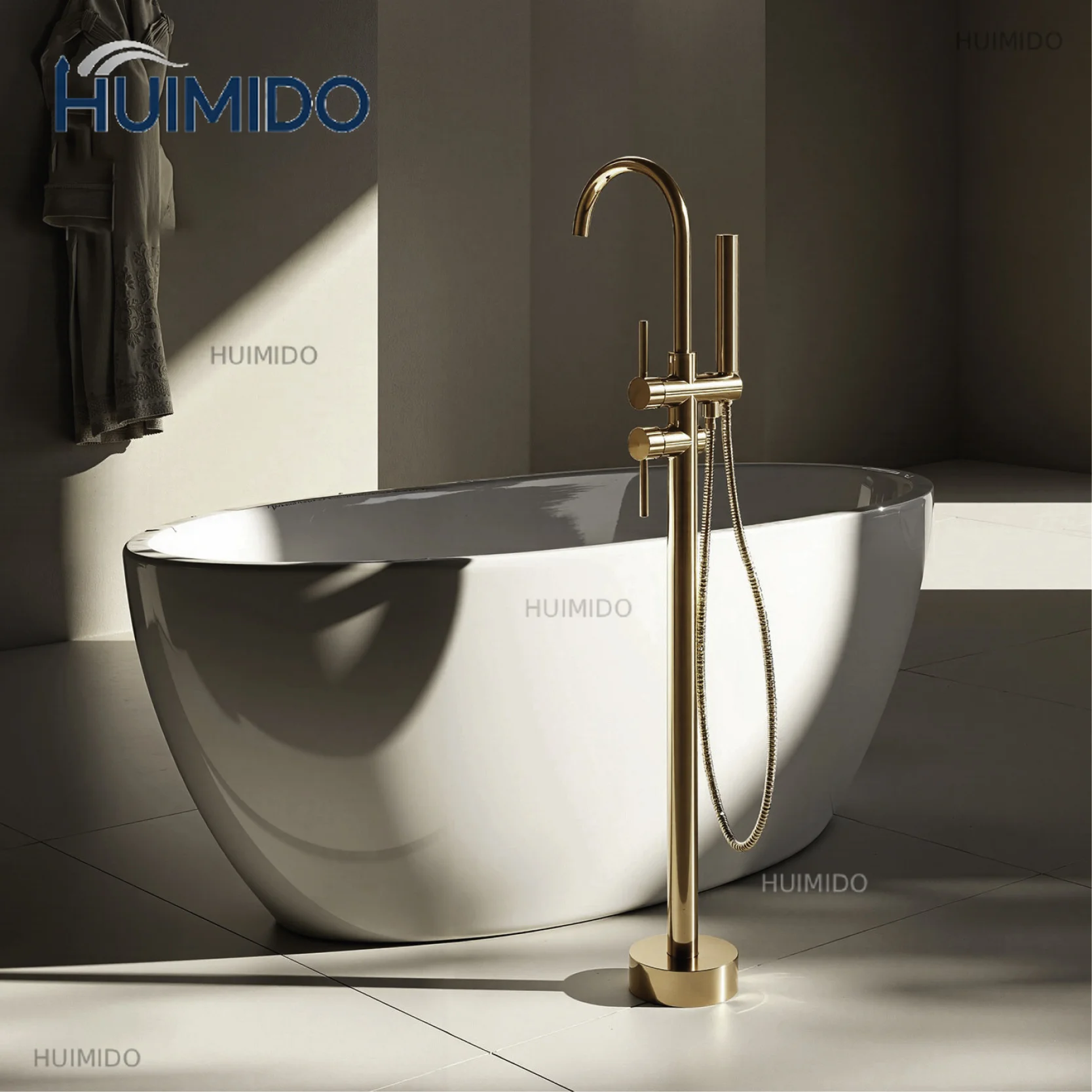 Luxury Black Brass Bathroom Faucet. Floor Standing Design with Simple 2 Handle Hot and Cold Bathtub and Dual-Mode Faucet