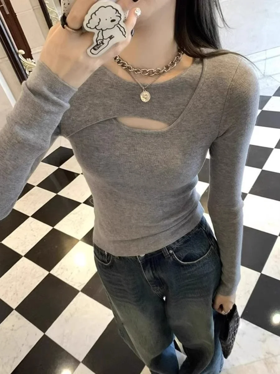 

Gray round Neck Long Sleeve Hollow out Knitted Sweater Women's Autumn Irregular Design Slimming Inner Wear Base Top