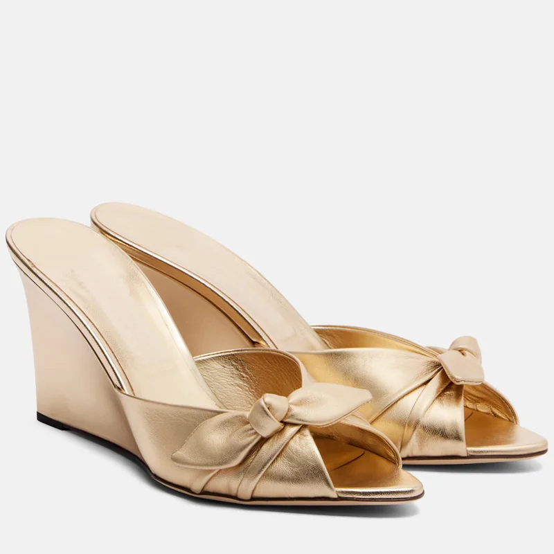 

Butterfly Knot Wedges Slip On Slippers Sexy PointedToe Pleated Leather Customized New Arrivals Fashion Women Modern Shoes