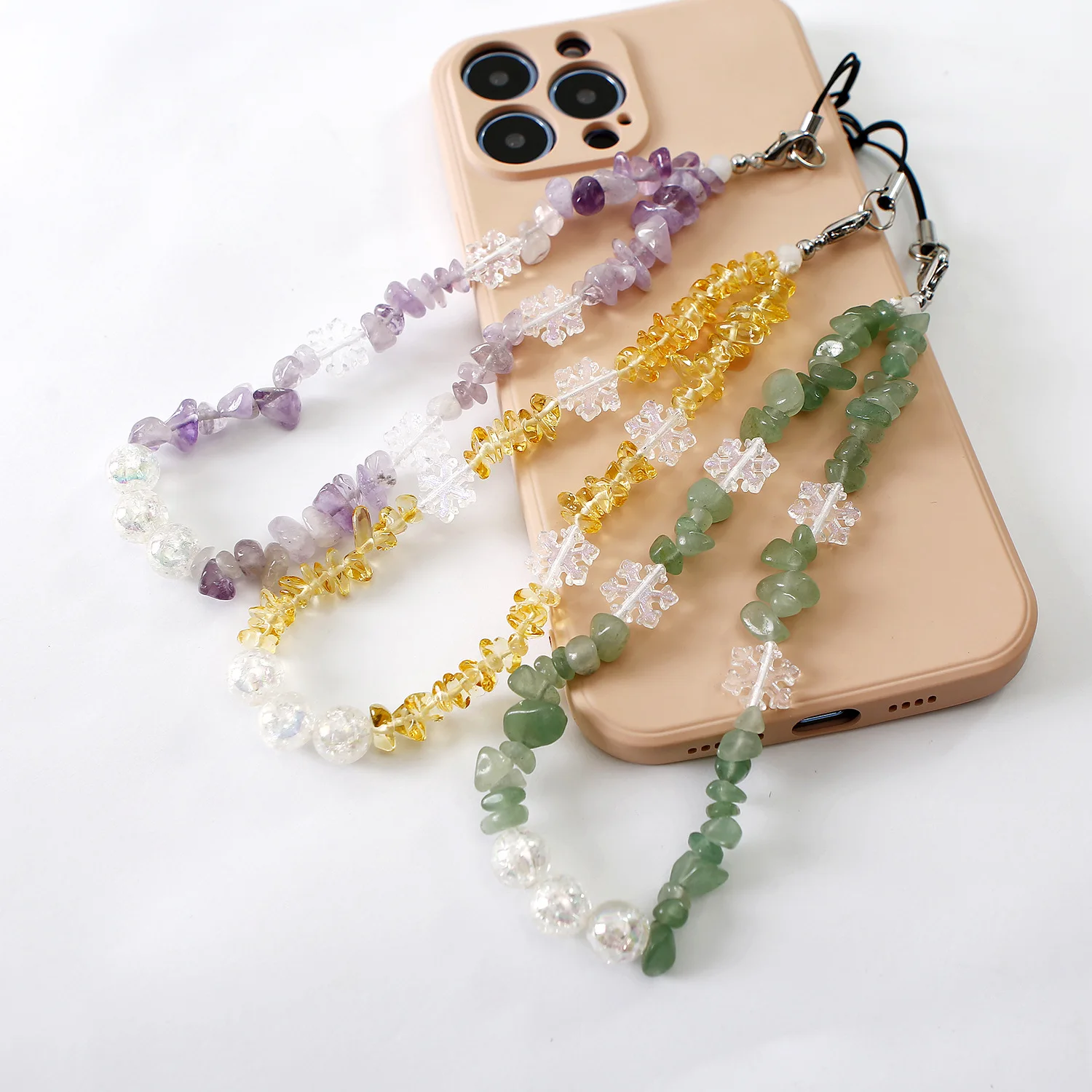 Hot selling Phone Lanyard Christmas Gift Bohemian Style Hand Woven Bead Snowflake Natural Gravel Women Wrist Rope Camera Pendant