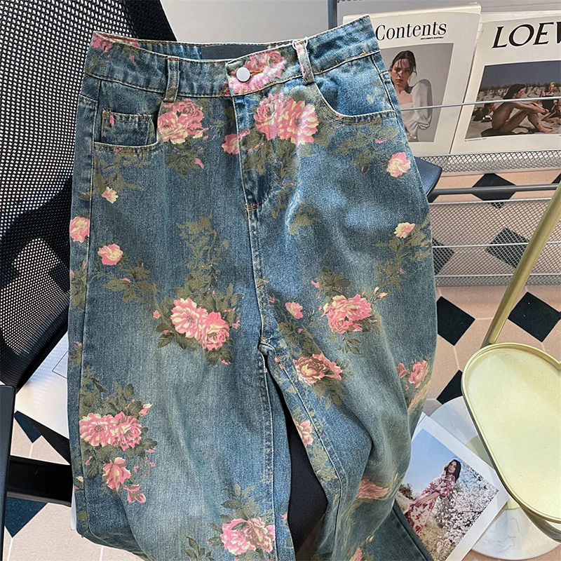 Retro Rose Flowers Print Jeans for Women American Style Oversize High Waist Wide Leg Denim Pants Casual Loose Straight Jeans