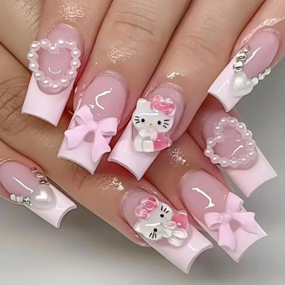 24Pcs 3D Hello Kitty Pearl Bow False Nails Medium Coffin Pink French Fake Nail Patches Y2k Cartoon Wearable Women Press On Nails