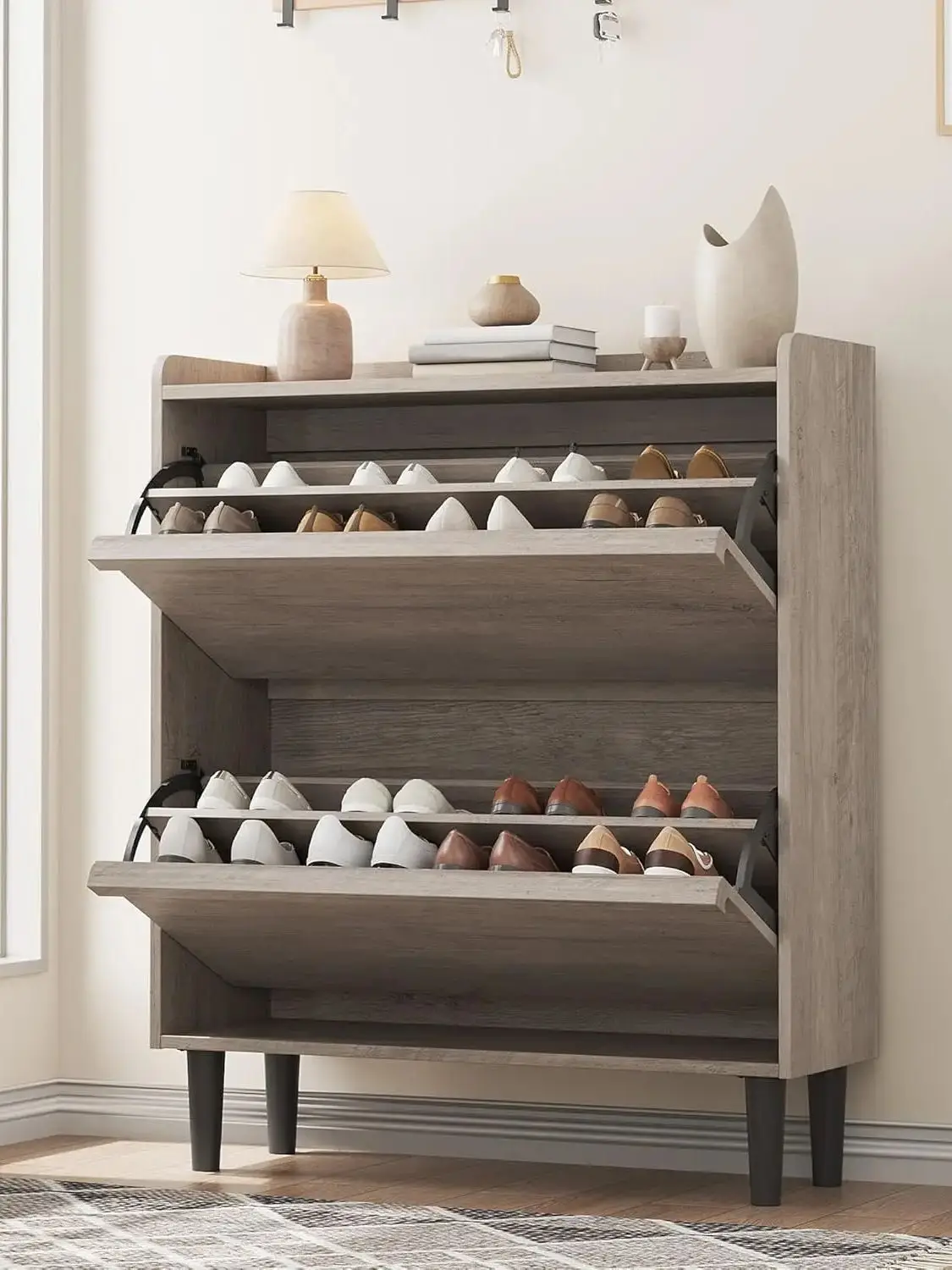 Shoe Cabinet with 2 Flip-Down Doors & Adjustable Shelf – Narrow Wooden Organizer for Entryway, Hallway Closet