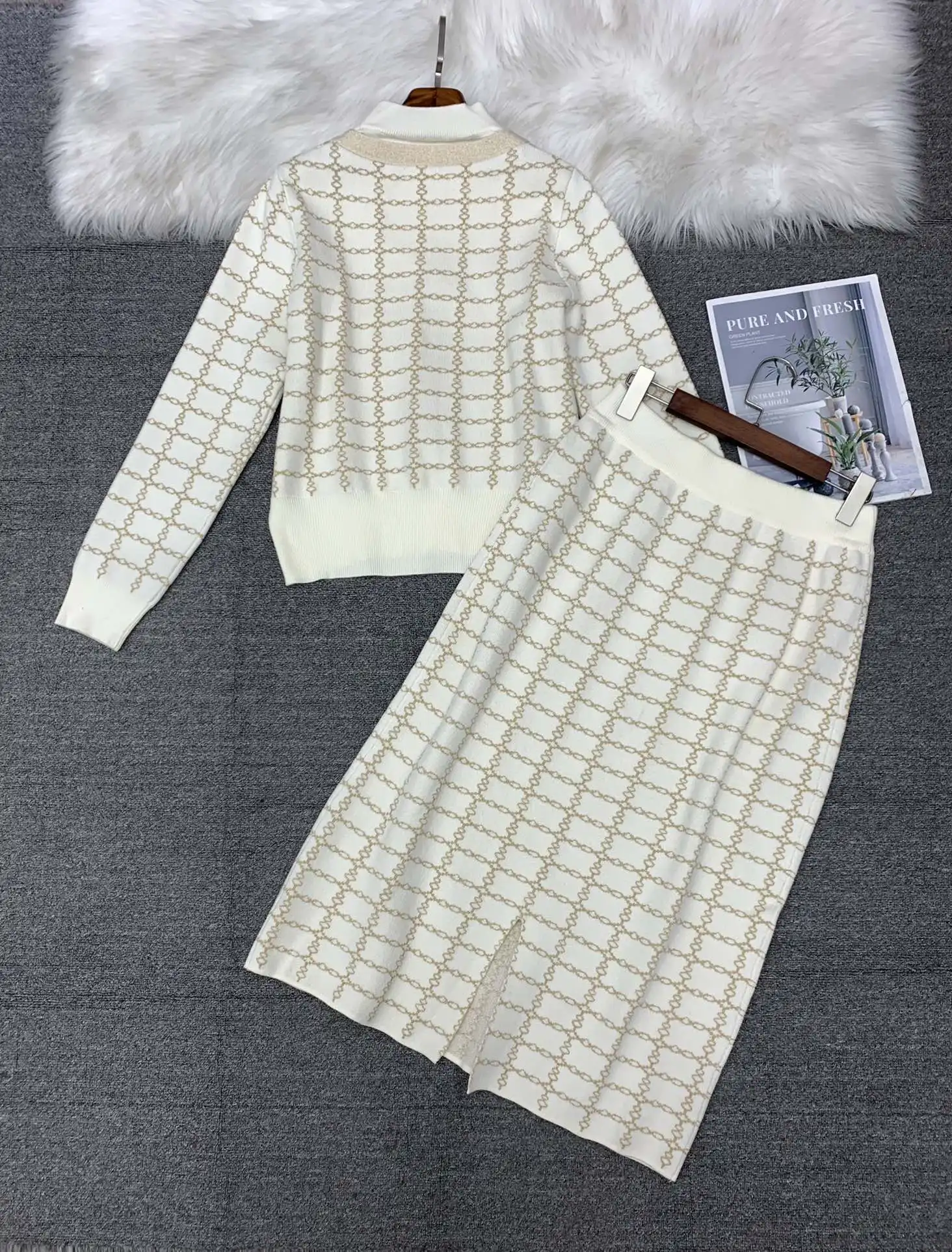 ZJYT Autumn Winter Geometric Patterns Knitted Sweater Skirt Sets Two Piece Womens Outfits Long Sleeve Vintage Dress Set Suits