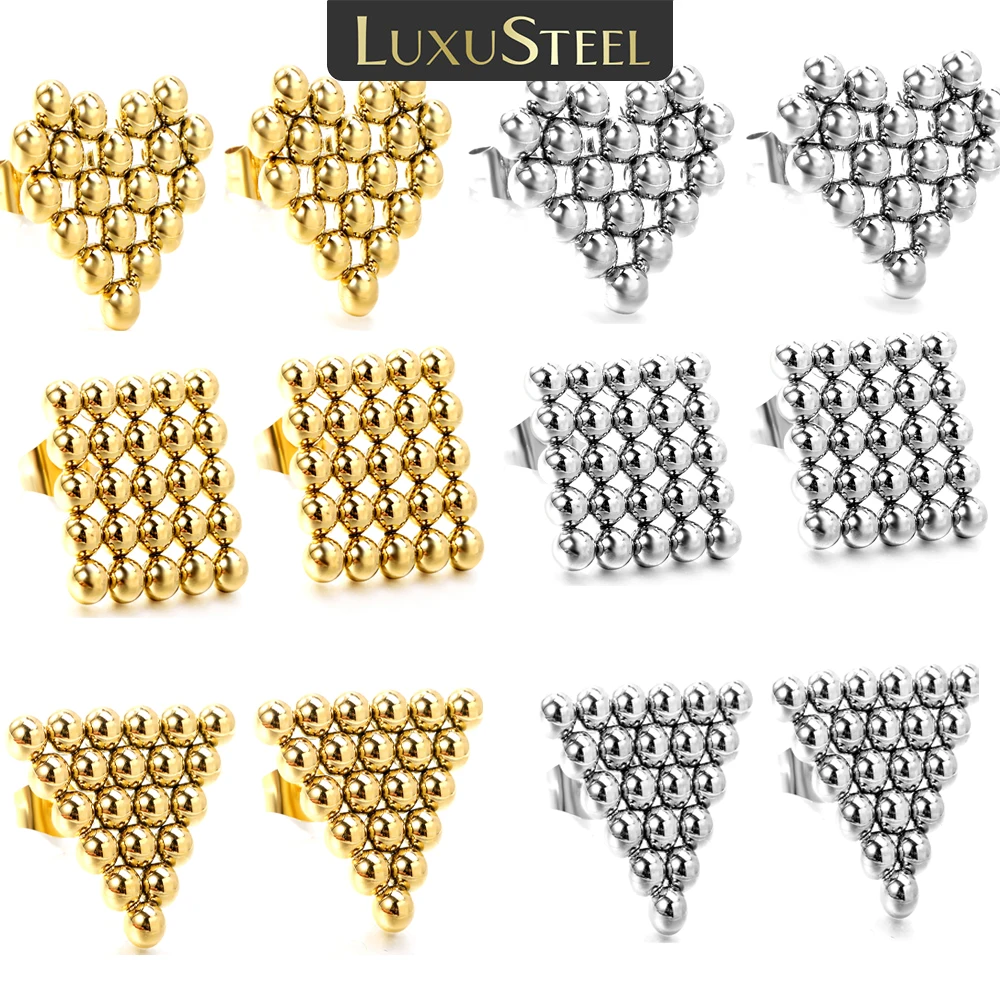 LUXUSTEEL Golden Trangle Heart Square Round Beaded Ball Stud Earrings for Women Exaggerated Metal Geometric Push Back Party