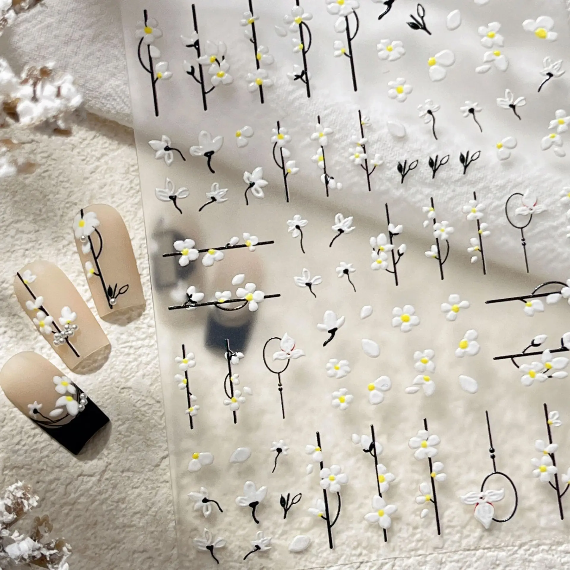 1 unidad de pegatinas de uñas 5D de flores blancas en relieve, pétalos de otoño e invierno, arte de manicura romántico Floral, pegatina autoadhesiva decorativa