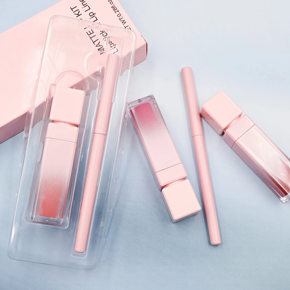 

Lip Gloss Lipliner Kit Private Label Pigment Vegan Long Lasting Silky Smooth Non-Stick Matte Custom Logo Makeup Pink Package