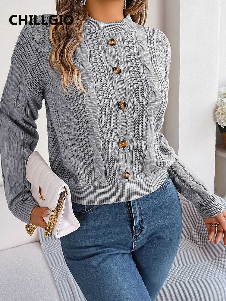 CHILLGIO Women Winter Warm Knitting Pullovers Button O Neck Long Sleeves Elastic Knit Tops Fashion Autumn Warm Elastic Pullovers