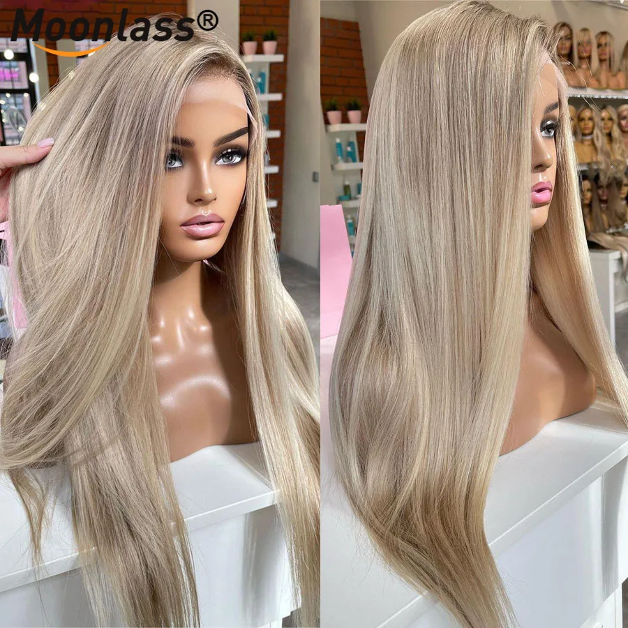 Ash Blonde Wig 100% Human Hair Brown Ombre Highlight Wig Straight 180 Density Wig 13x4 Lace Front Human Hair Remy Wigs For Women