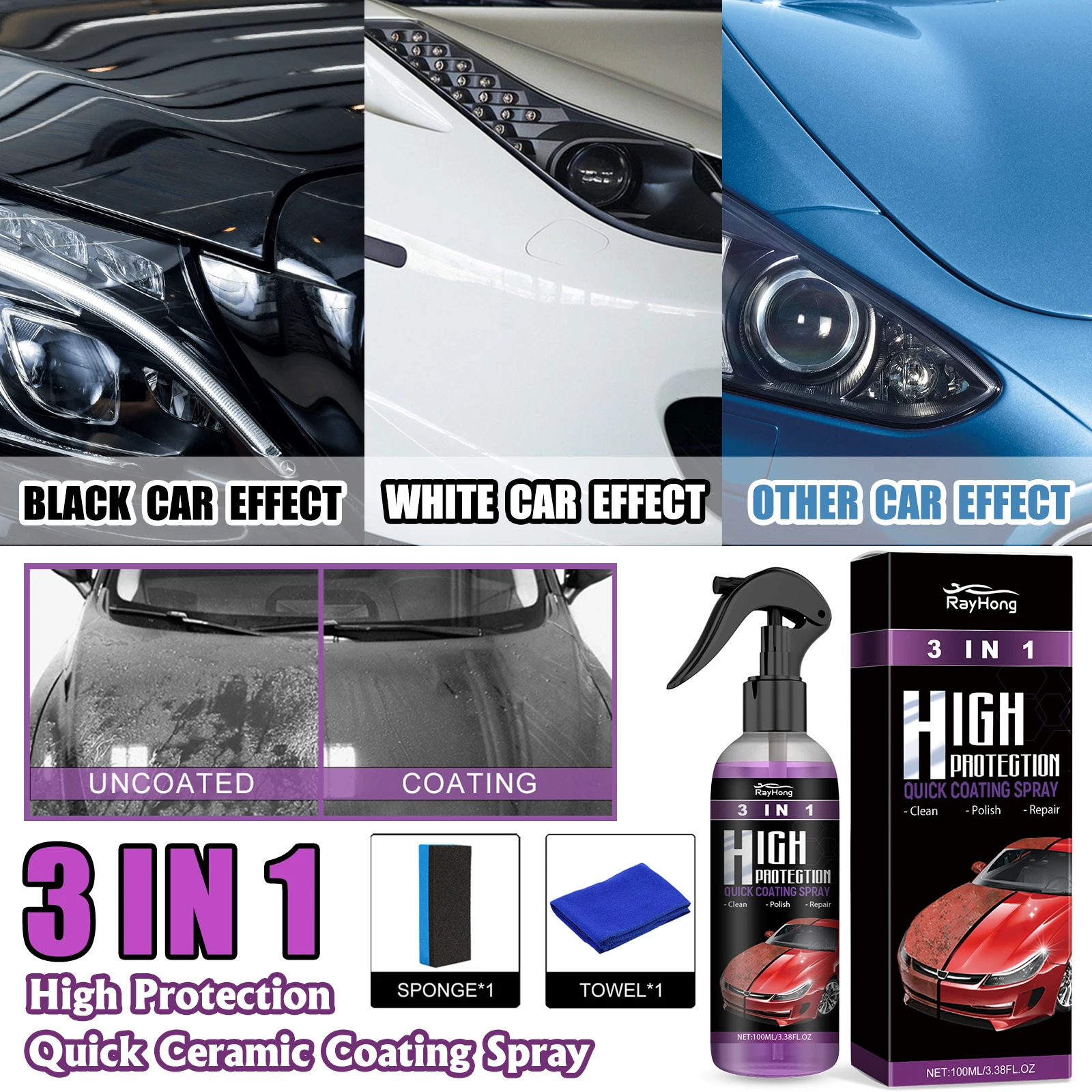 

RayHong 3 в 1, высокая защита автомобиля, быстрое керамическое покрытие, авто нано-спрей, ремонт царапин, гидрофобный слой, полировка краски, агент