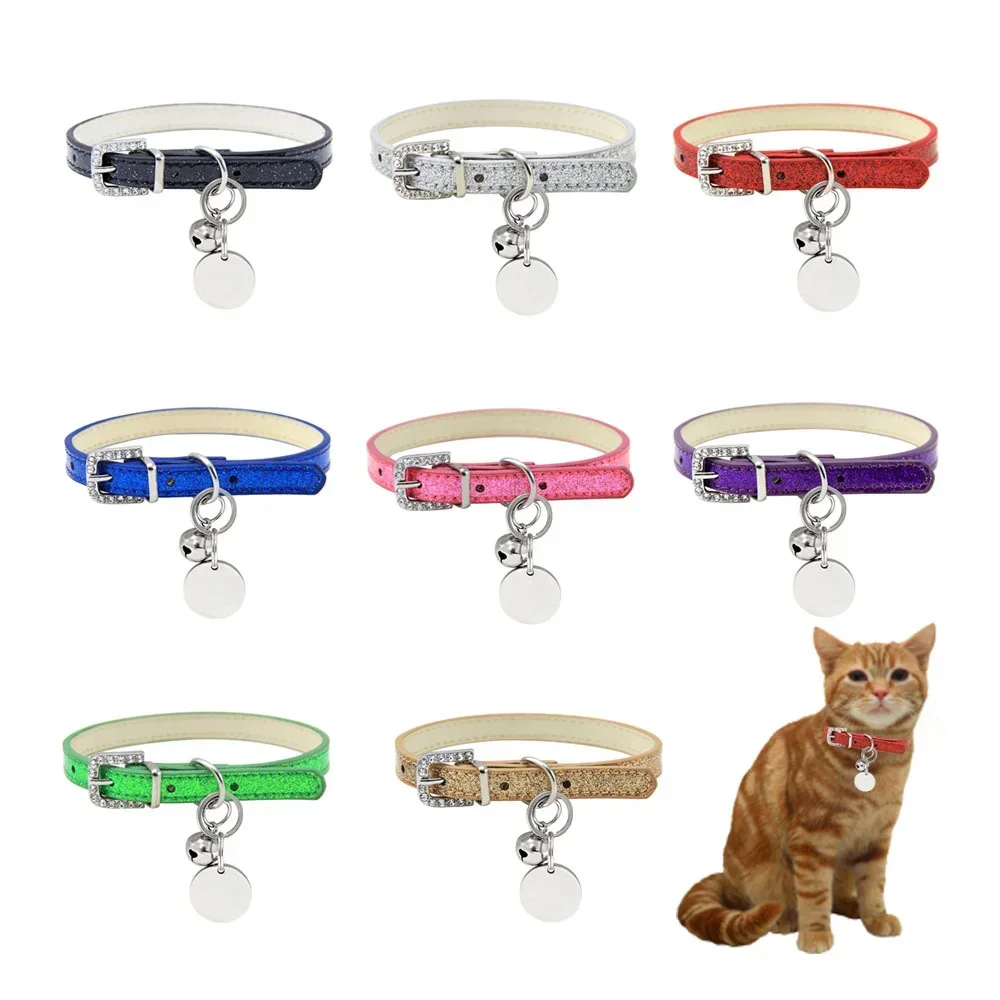 Bling Leder Katze Kragen Mit Glocke Personalisierte ID Name Kragen für Katzen Welpen Kleine Hund Kätzchen Zubehör Chuahua Halskette XS S